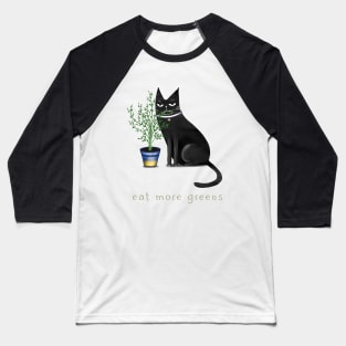 Cartoon black cat with a home flower in a pot and the inscription "Eat more greens". Baseball T-Shirt
